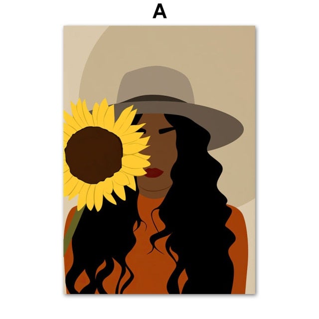 Abstract African Girl Sunflower and Butterfly Wall Art - Area Collections
