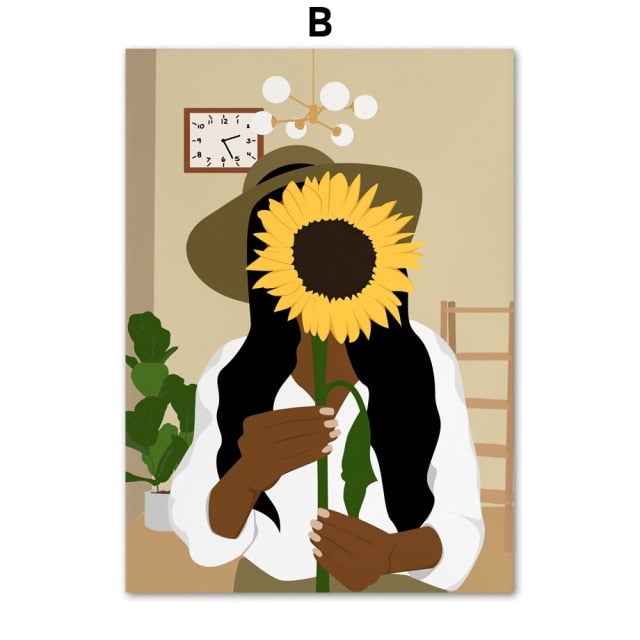 Abstract African Girl Sunflower and Butterfly Wall Art - Area Collections