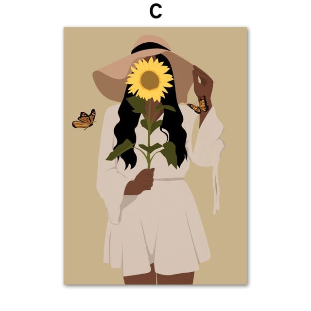 Abstract African Girl Sunflower and Butterfly Wall Art - Area Collections