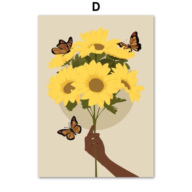 Abstract African Girl Sunflower and Butterfly Wall Art - Area Collections