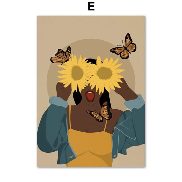 Abstract African Girl Sunflower and Butterfly Wall Art - Area Collections
