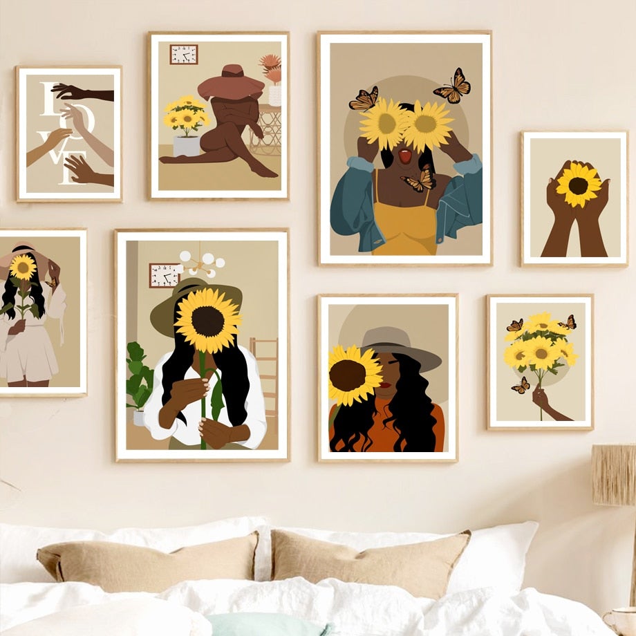 Abstract African Girl Sunflower and Butterfly Wall Art - Area Collections