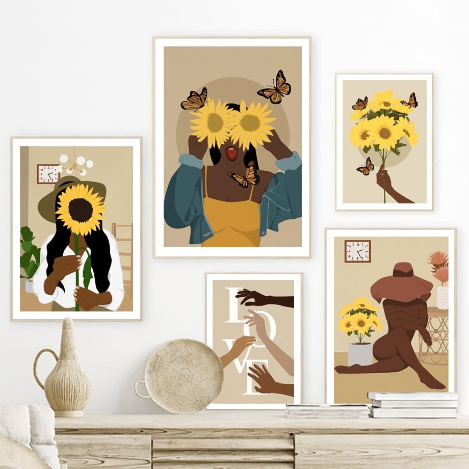 Abstract African Girl Sunflower and Butterfly Wall Art - Area Collections