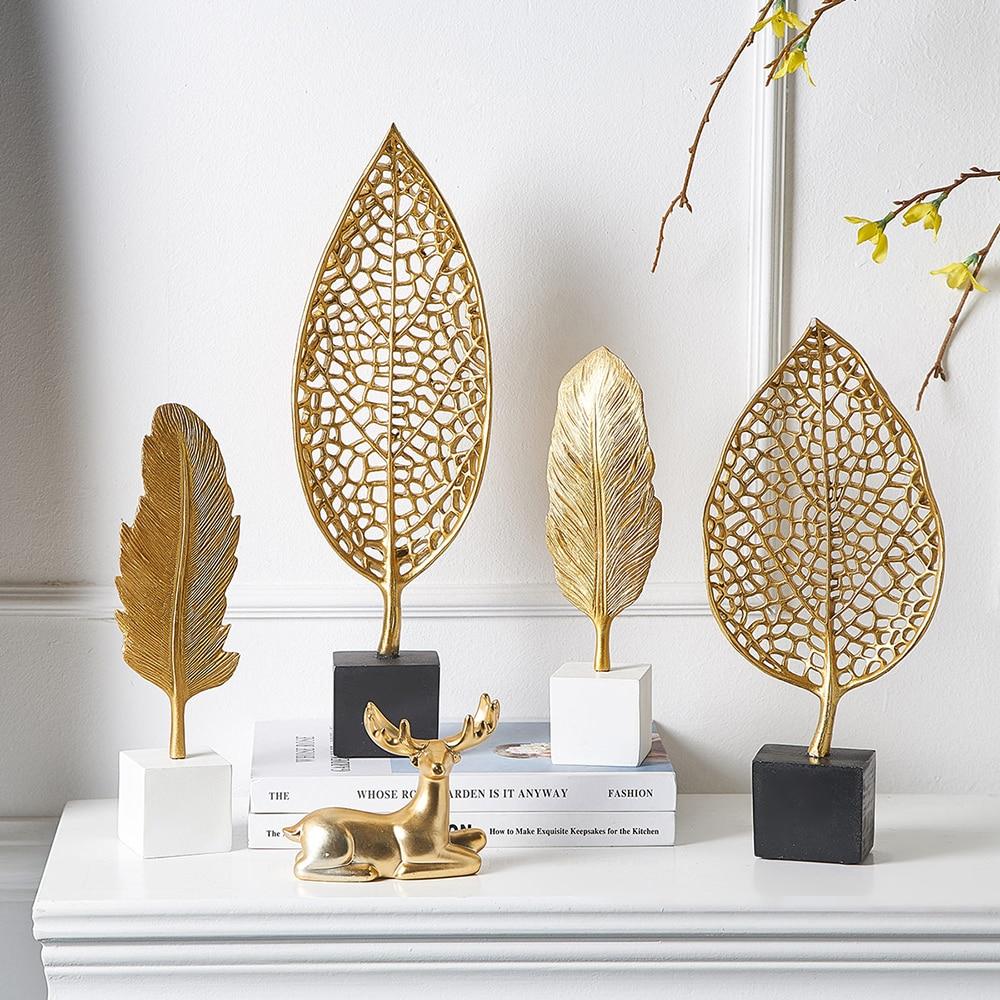 Golden Botanical Leaf Sculpture on Stand - Area Collections