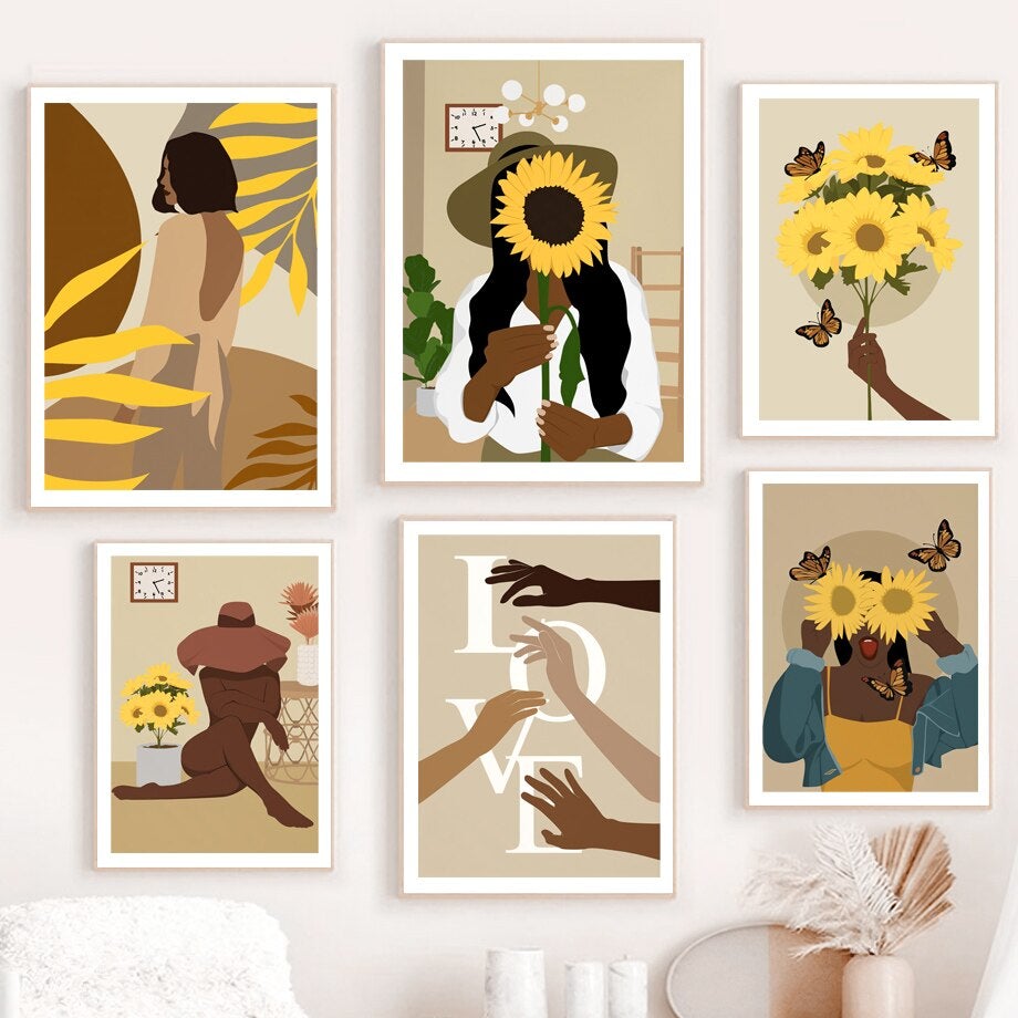 Abstract African Girl Sunflower and Butterfly Wall Art - Area Collections