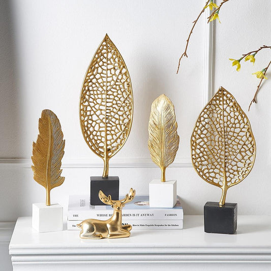 Golden Botanical Leaf Sculpture on Stand - Area Collections